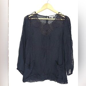 Daniel Rainn 100% silk Sheer Navy Lace Blouse textured embroidered